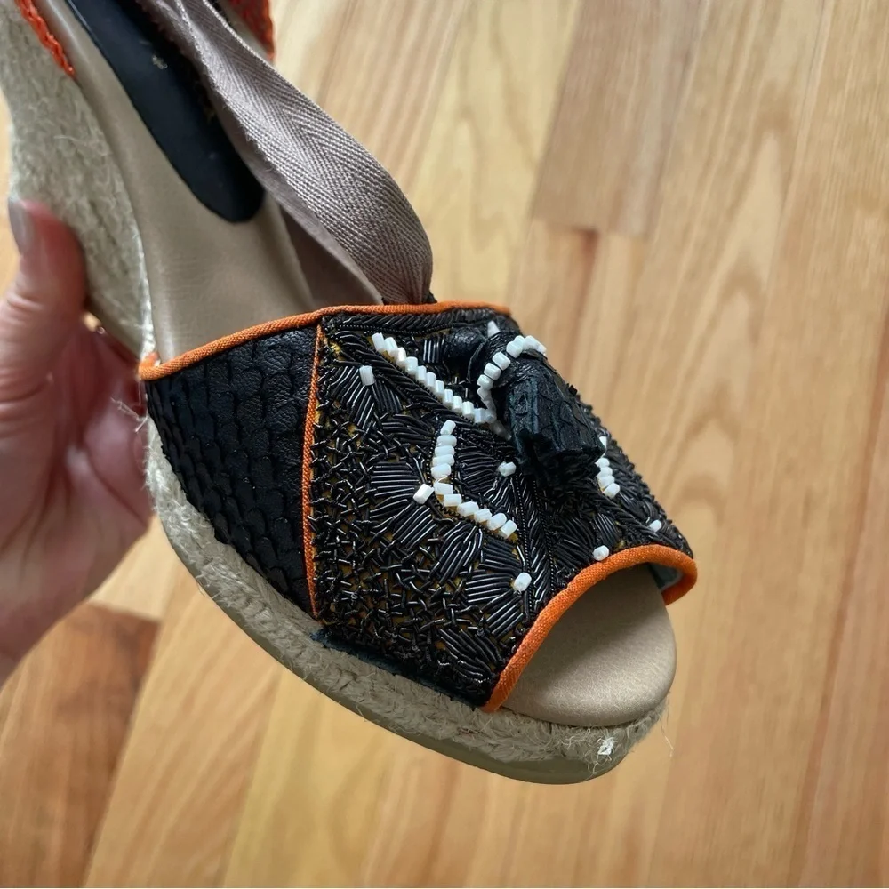 Anthropologie Meher Kakalia Beaded Queen Yuca Wedge Espadrille Sandals EUC Sz 38